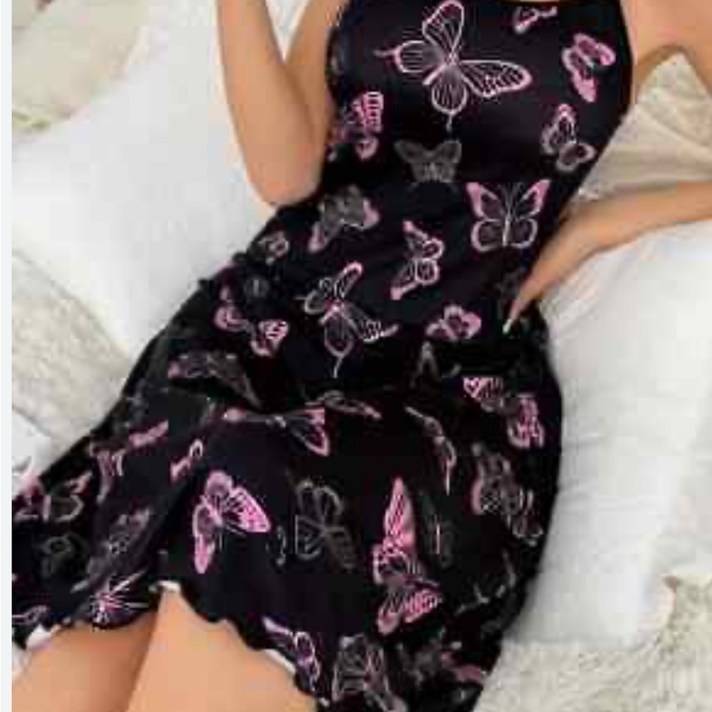 Shein Elegant Black Dress with Pink Butterfly Design